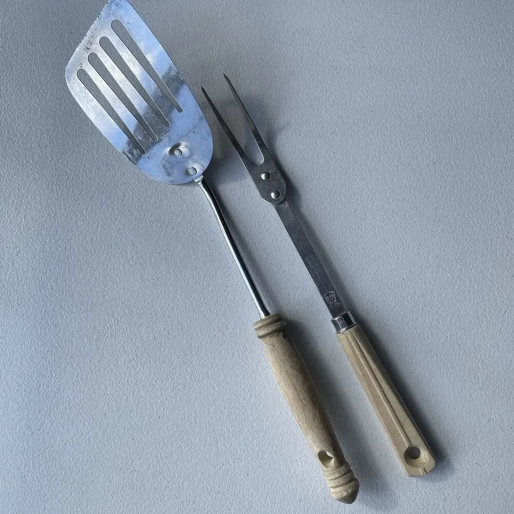 Vintage Ekco Slotted Spatula Turner Carving Fork Stainless Steel Wood USA Made
